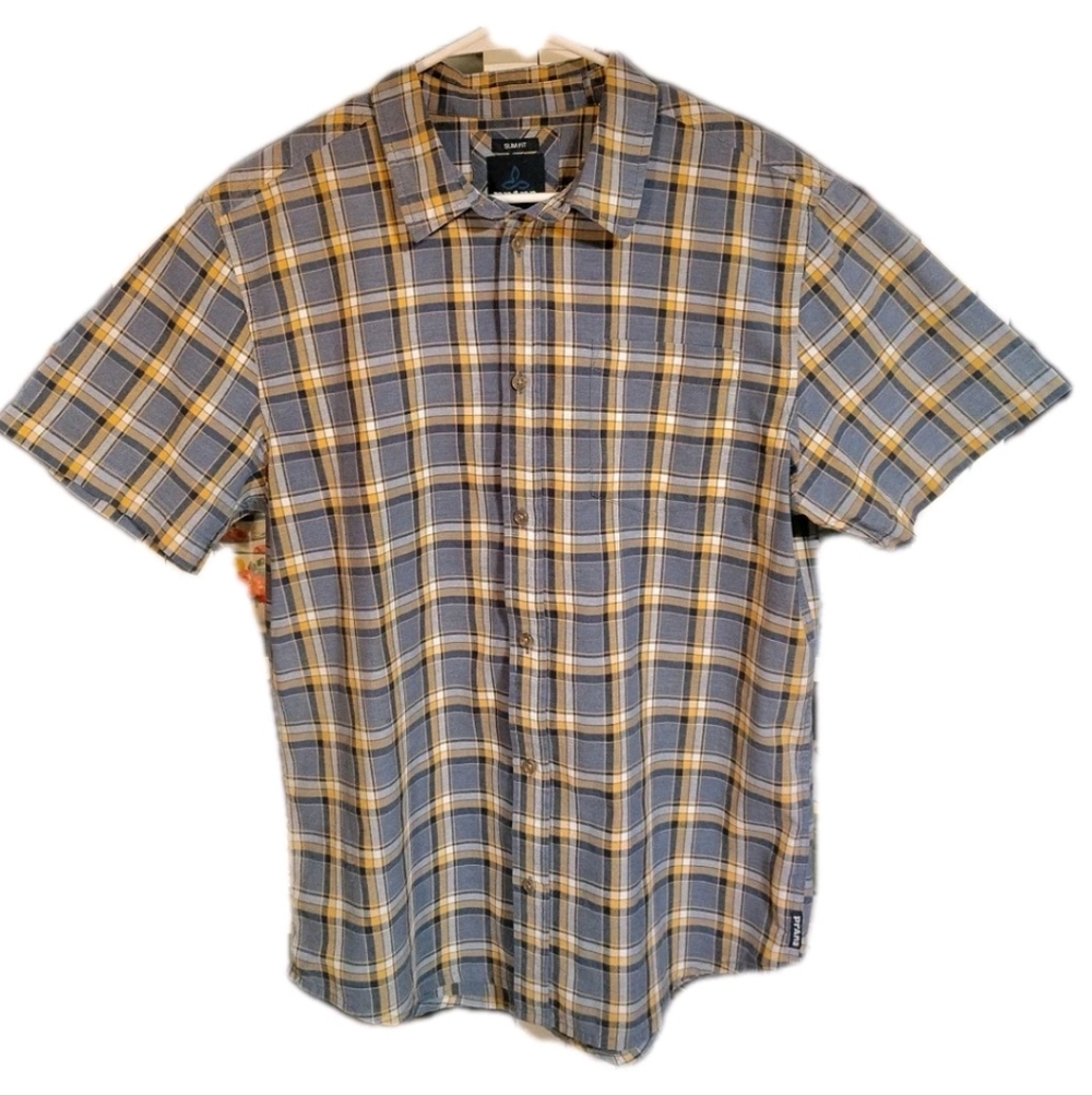 Prana Men's Casual Plaid Shirt - Gray and Yellow
